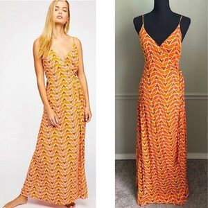 FREE People Orange Print Siren Adjustable Strap Maxi Wrap Dress Size M